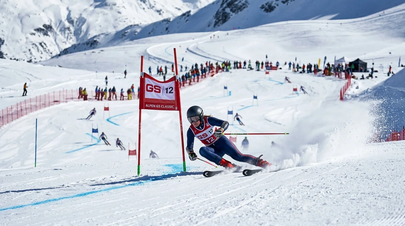 Скиорка реже широк завой на гигантски слалом, където полето е по-открито